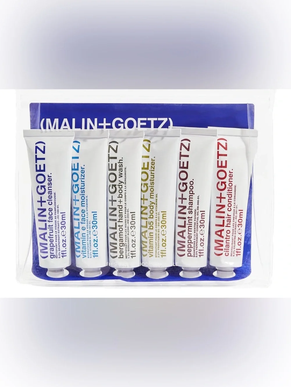 MALIN+GOETZ Bestsellers Travel Kit Set of Six 1 oz Tubes Hair, Body & Face NIP